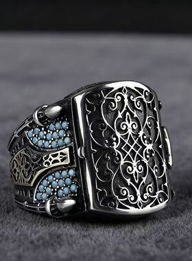奢华雕花工艺复古翻盖戒指 美式铠甲盾牌造型男戒满钻手饰品