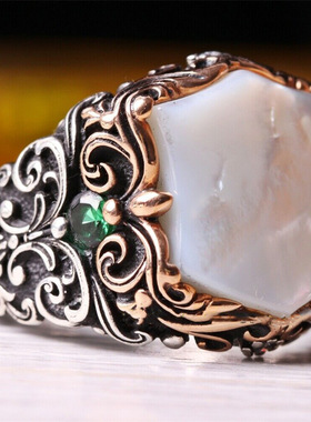 古雕花男士戒指 贝壳宝石组合金属质感 潮男小众手饰 气质配饰