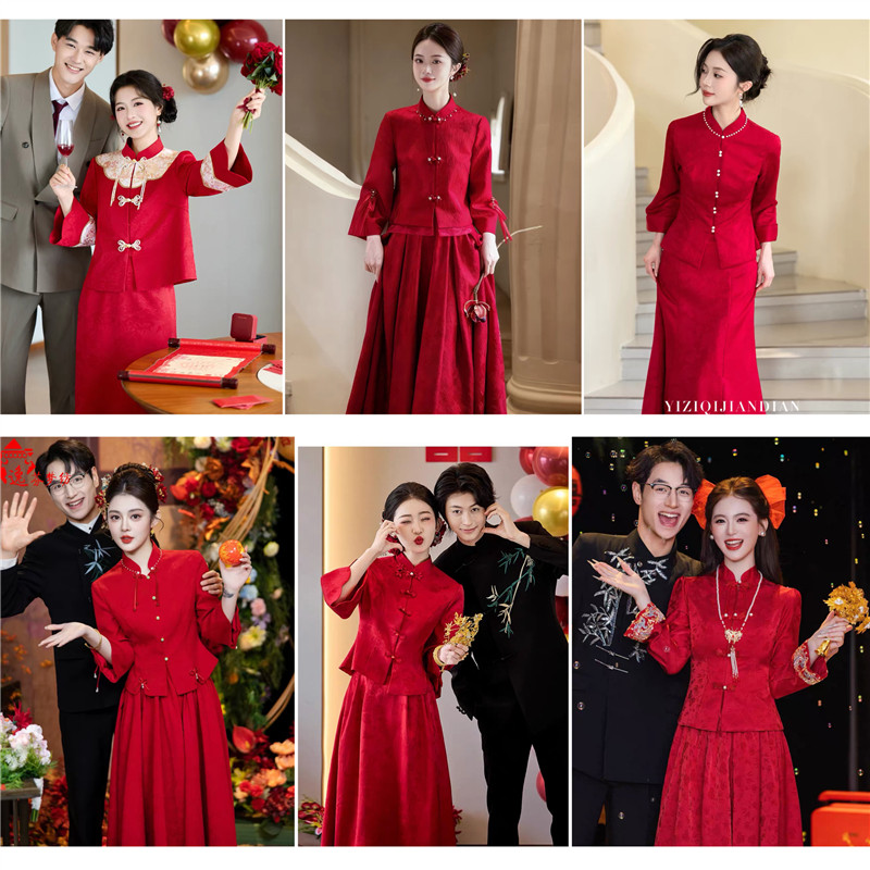 出租新娘订婚旗袍红色复古新中式敬酒服两件套结婚回门答谢宴礼服