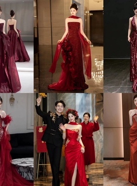 出租赁宴会年会晚礼服新娘敬酒服显瘦新款订婚红色礼服裙主持人冬