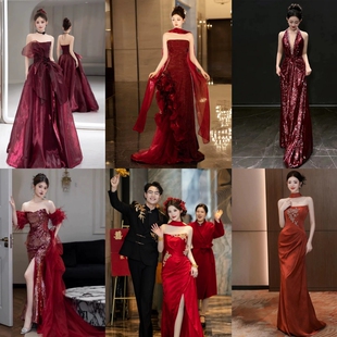 出租赁宴会年会晚礼服新娘敬酒服显瘦新款订婚红色礼服裙主持人夏