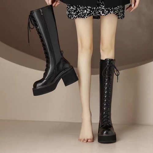 自然卷棕色长筒靴厚底小个子