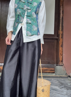 BLUE Y国风新中式仿真丝宋锦提花马甲背心绿色圆领