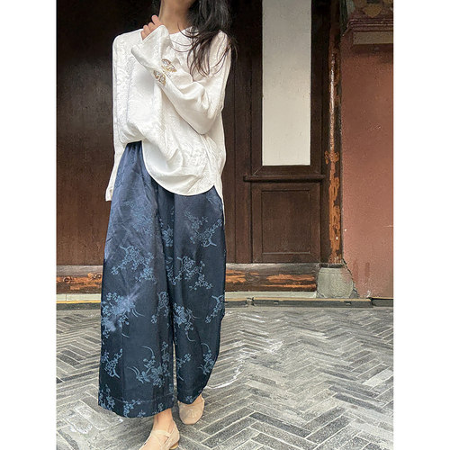 BLUEY春夏国风提花高腰阔腿裤女