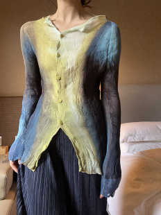 Y激光渐变色拼色柳条透视长袖 款 褶皱开衫 贴身修身 衬衫 BLUE