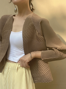 BLUE Y三家主线渔网格百搭上衣褶皱一粒扣遮肉宽松短开衫薄外套女