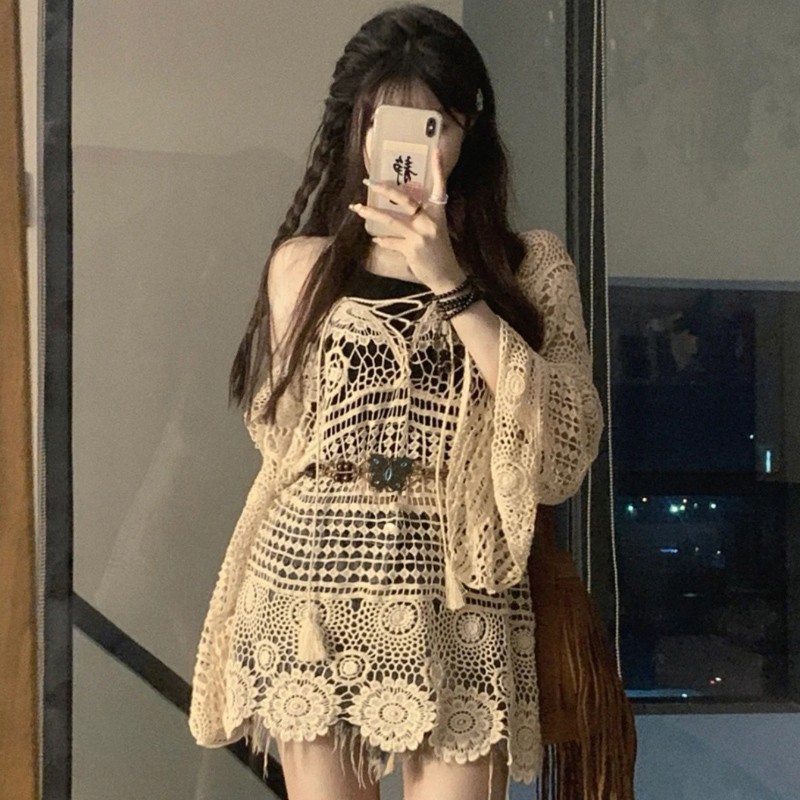 镂空防晒针织罩衫女夏季蕾丝外搭长袖波西米亚风甜辣妹中长款上衣