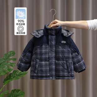 男童加厚羽绒服2025新款冬季连帽格纹拼接高含绒量保暖外套新款潮