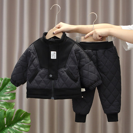 男宝宝洋气冬装套装男童加绒加厚两件套婴幼儿童秋冬季夹棉衣服潮