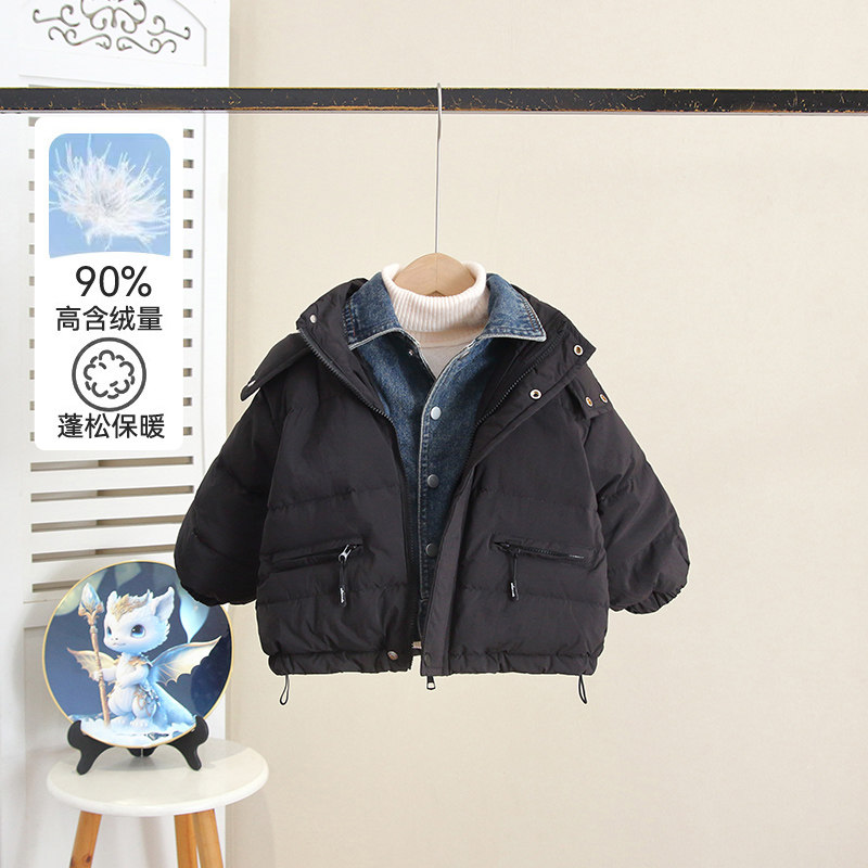 男童冬季白鸭绒羽绒服儿童三防保暖牛仔领外套宝宝洋气免洗衣服潮