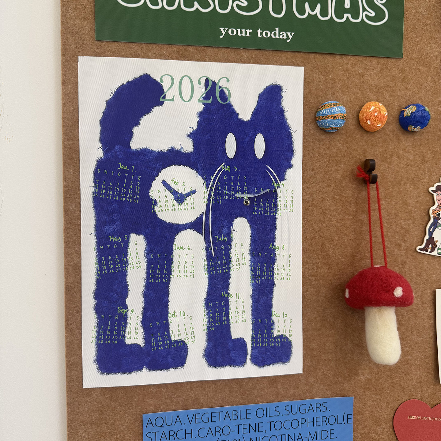 2026年蓝猫日历海报 韩国小众卡通画 毛毡板软木板照片墙装饰画