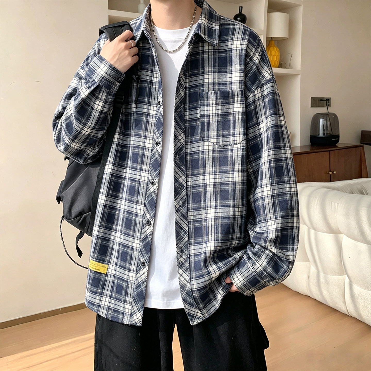 美式格子衬衫男款秋季新款宽松长袖外套胖子加肥大码显瘦衬衣上衣