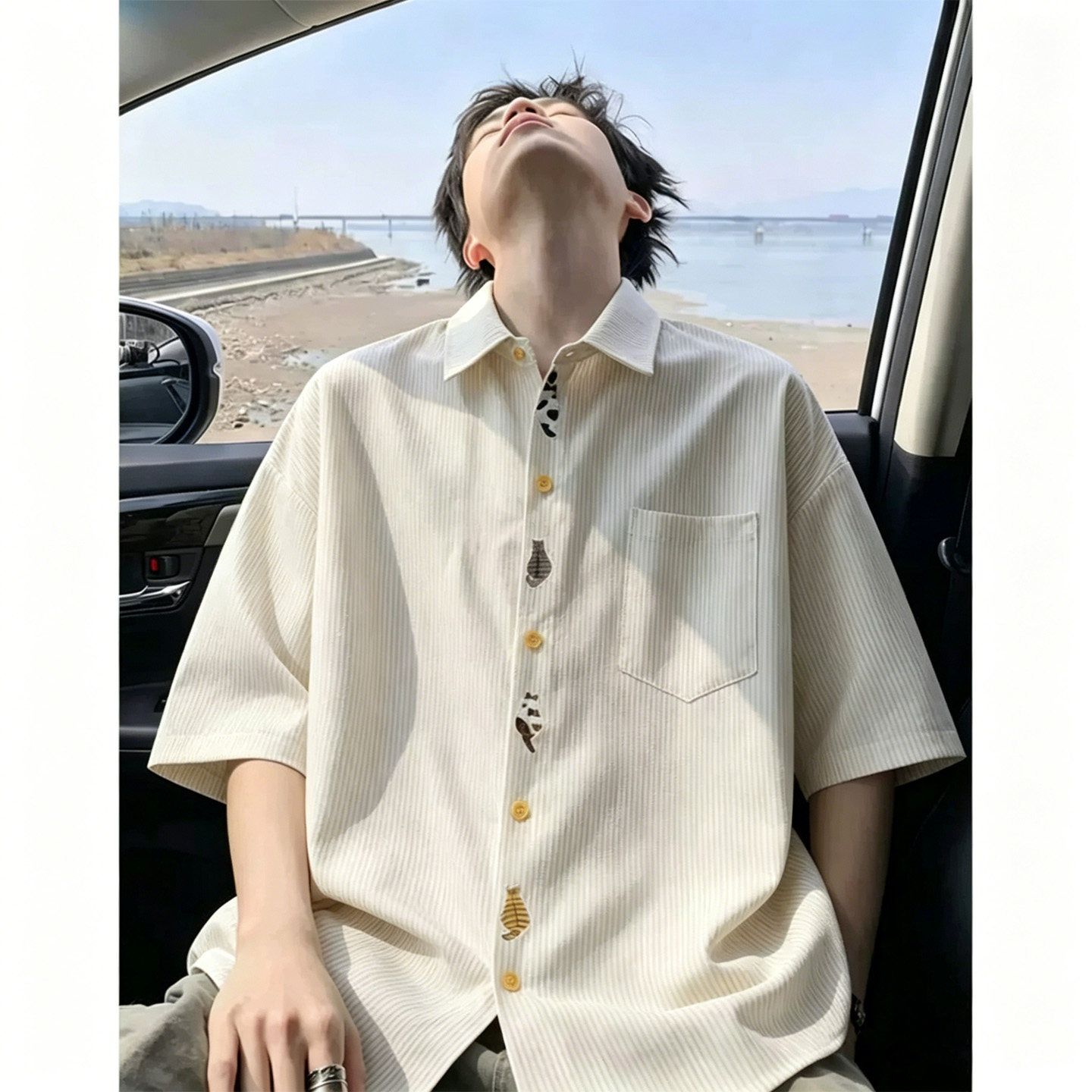 美式猫咪刺绣条纹短袖衬衫男生夏季薄款潮牌宽松T恤沙滩半袖外套