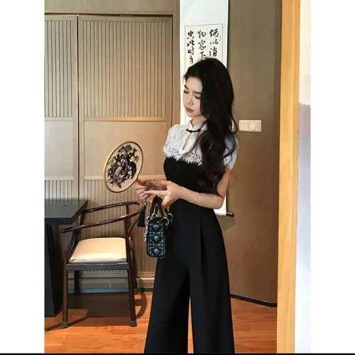 蕾丝拼接连体裤女2026夏季新款新中式显瘦气质名媛女士黑色连体衣