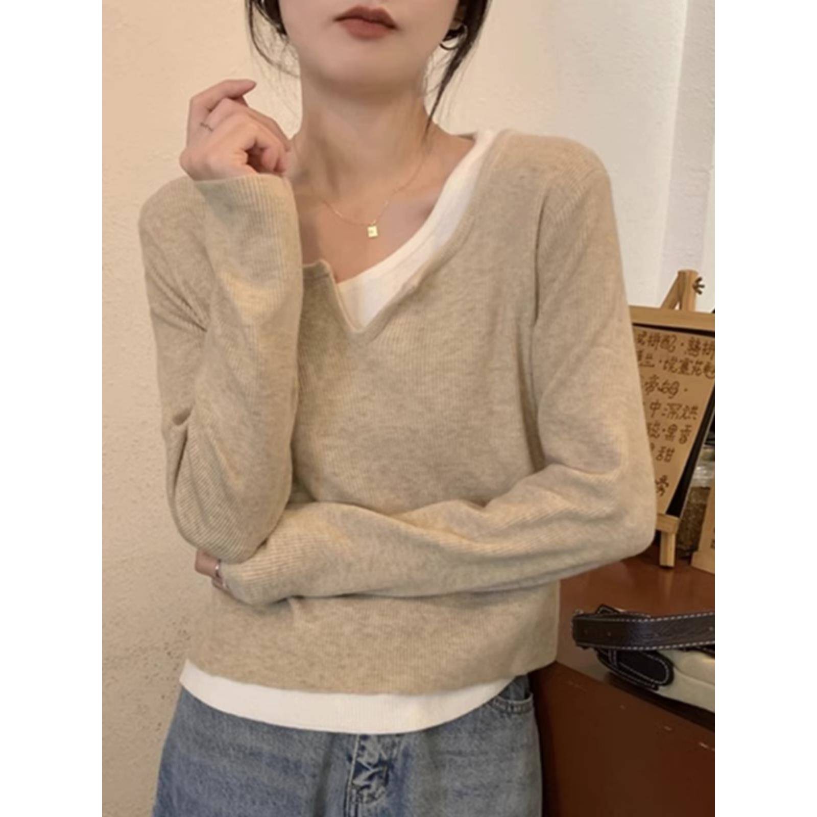 秋冬季2025新款假两件针织衫女大码胖mm温柔风撞色假两件打1120n