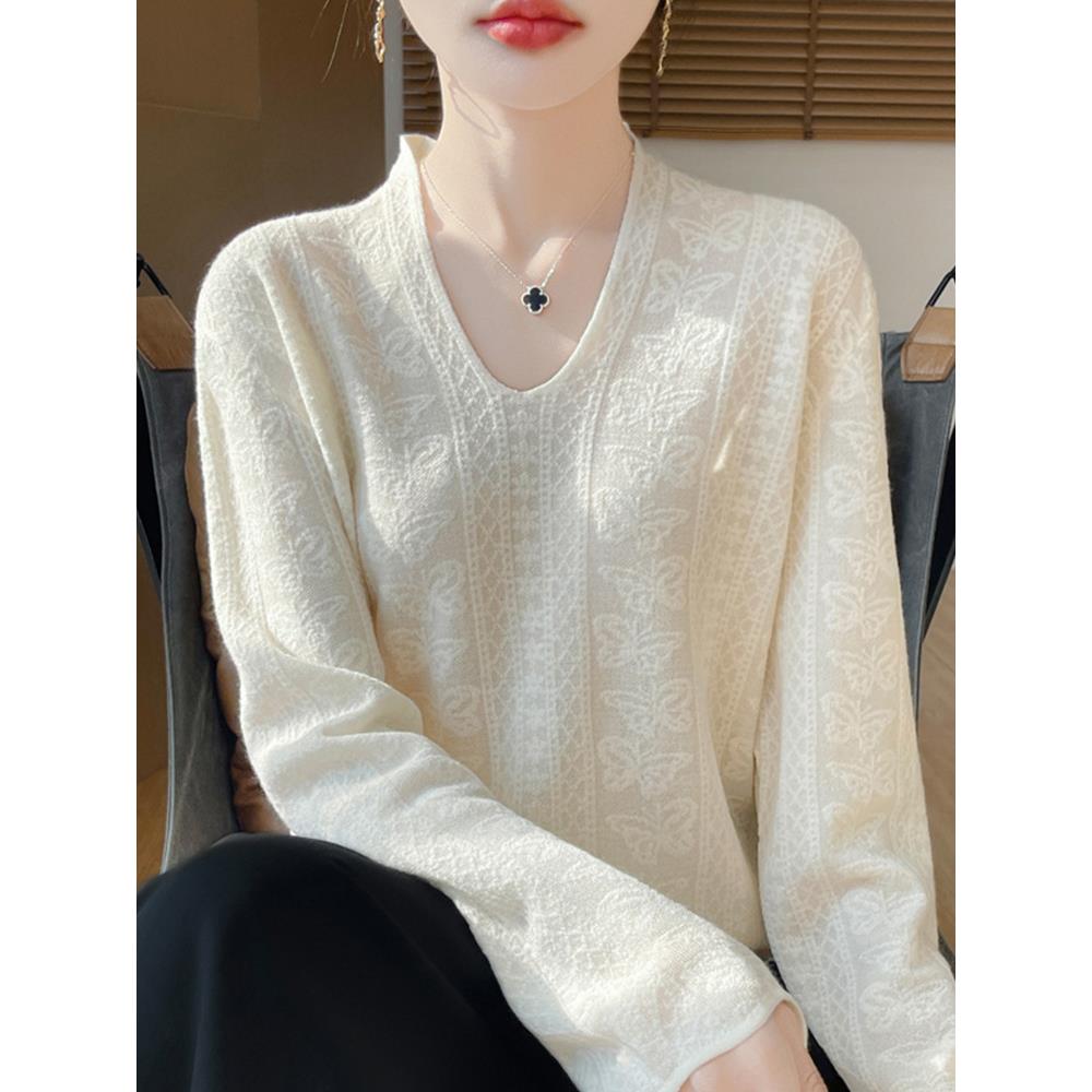 秋冬早秋V领提花针织打底衫女2025新款秋内搭上衣洋气大码女1204u