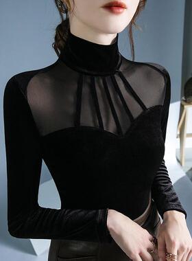 高领丝绒打底衫女网纱拼接秋冬内搭气质洋气小衫时尚设计感0102h