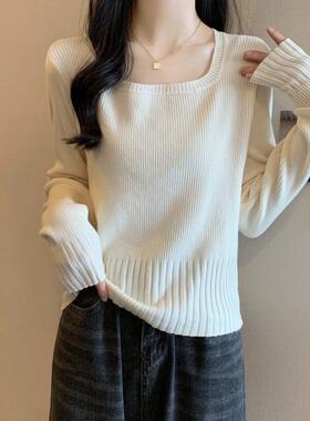春秋百搭方领长袖针织衫女内搭微胖mm大码气质显瘦t恤上衣1230n