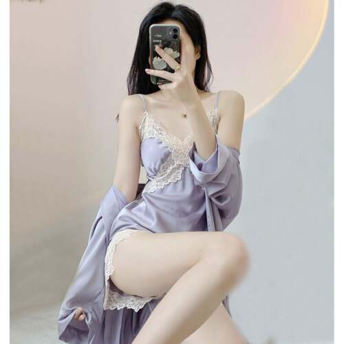 睡衣女高级感夏季冰丝蕾丝吊带胸垫短裤三件套新款可外0624d