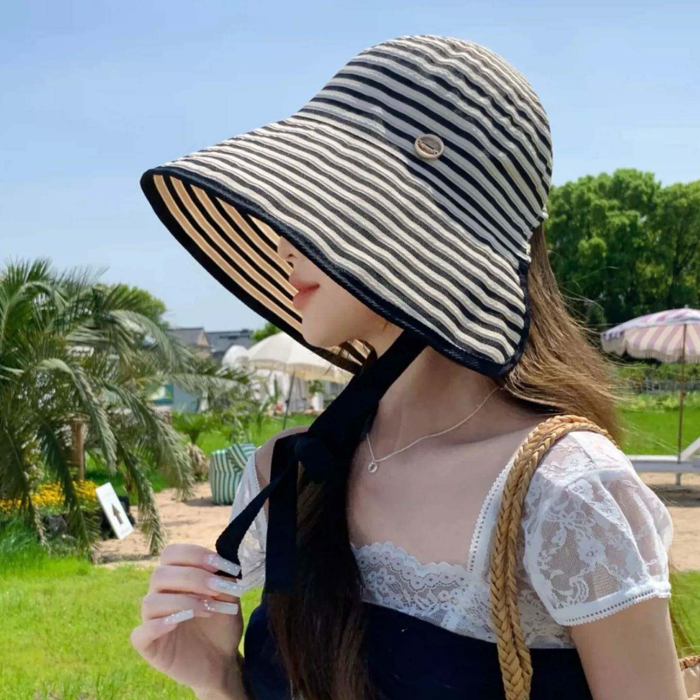 遮阳帽法式条纹遮阳渔夫帽子女春夏季薄款蛋卷太阳帽显脸小0429d