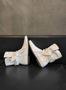 春季内增高白色切西靴女新款蝴蝶结平底方头短靴显瘦西部靴0128ed