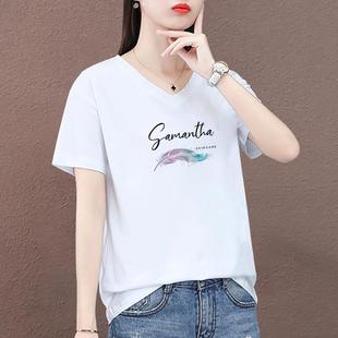 洋气减龄上衣0725u 白色t恤女2025夏季 新款 韩版 百搭显瘦V领体恤衫