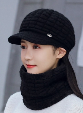 针织帽女冬季新款加厚保暖抗寒围脖时尚洋气百搭妈妈老年黑色潮流