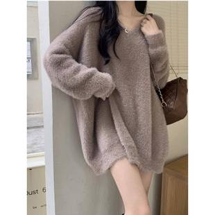 女包臀彷貂皮丝绒慵懒宽松长袖 中长针织衫 针1226n 2026新款 秋冬季