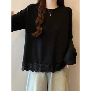 春秋季女打底衫早蕾丝正肩长袖T恤2026新款大码胖今年流行上0105n