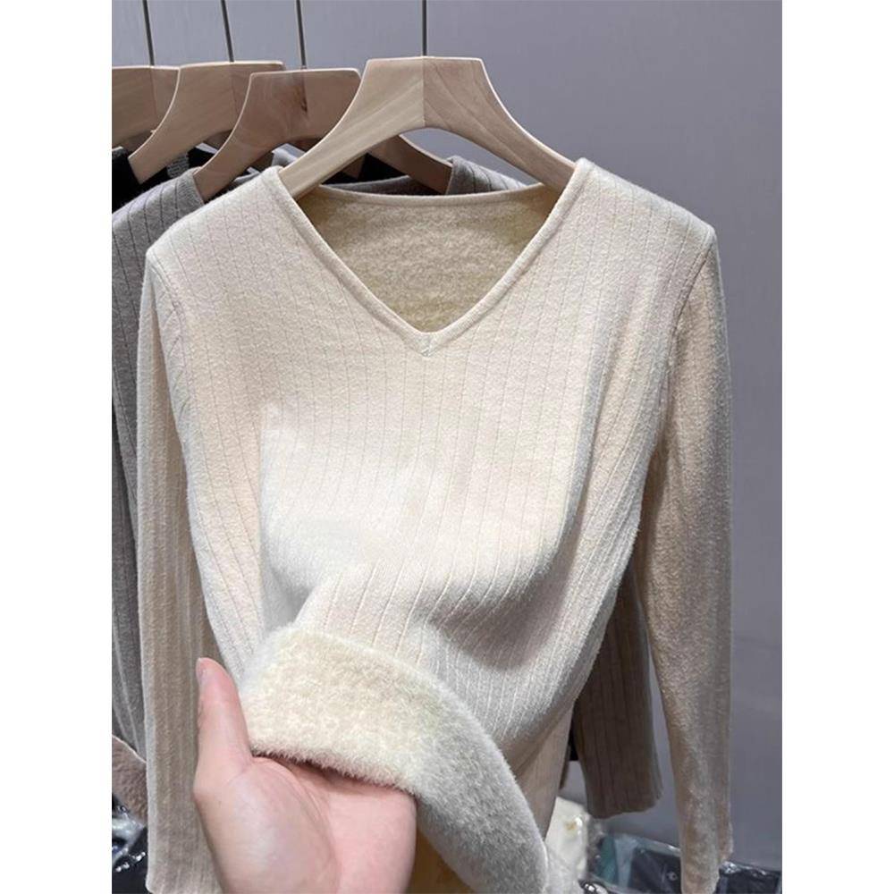 保暖内衣女加绒加厚V领打底衫秋冬低领一体绒毛衣保暖内搭上1121e