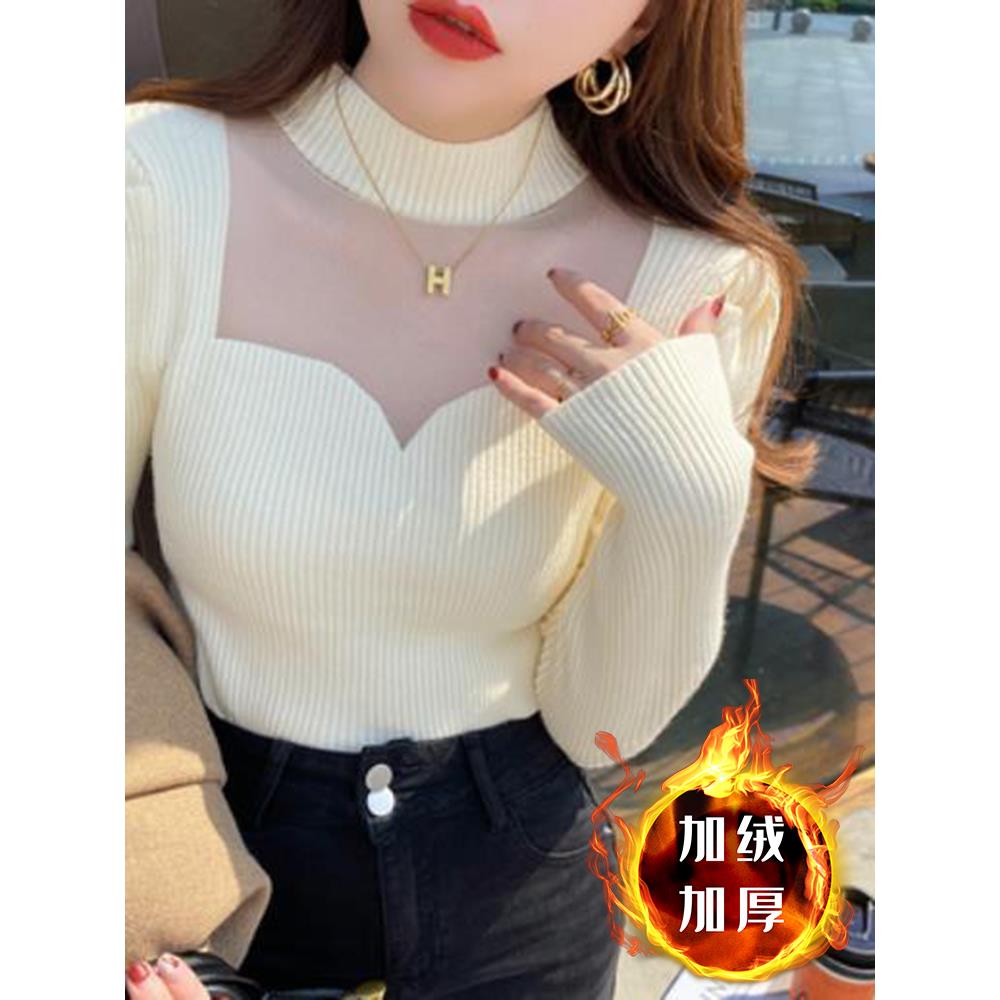 秋冬季大码半高领打底毛衣女加绒加厚胖mm法式网纱拼接内搭1112n