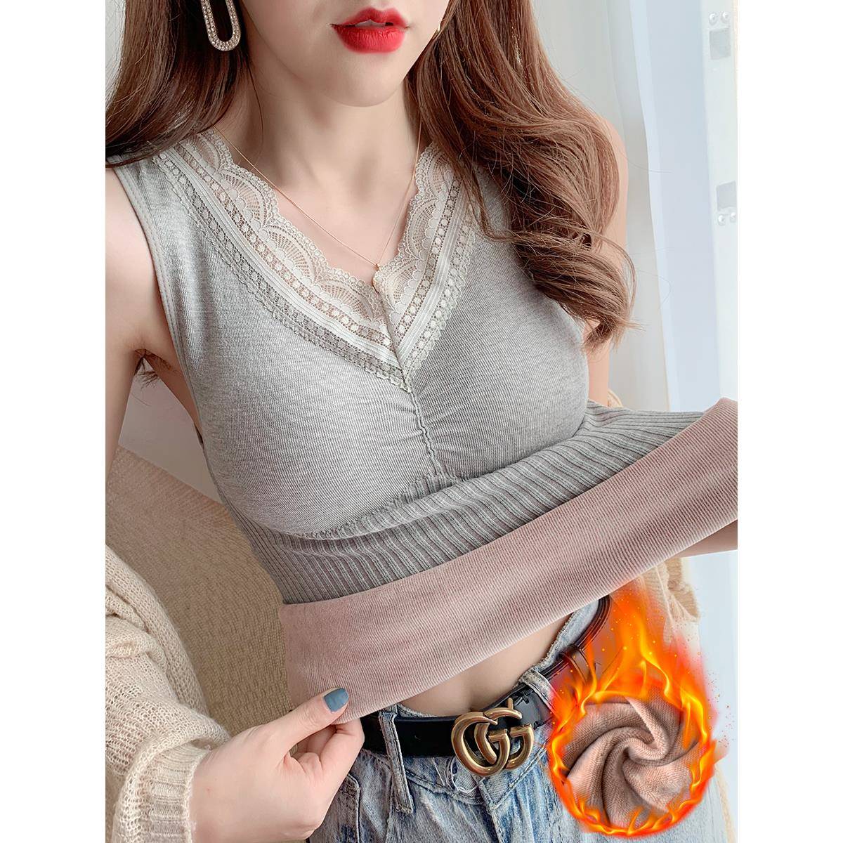 秋冬V领蕾丝拼接带胸垫保暖背心女加绒加厚无袖内搭上衣打底1030e