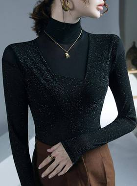 高领亮丝打底衫女网纱秋冬新款内搭洋气性感小衫设计感欧货0102h