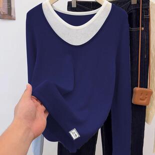 柔软假两件V领长袖t恤女春秋季大码显瘦遮肚休闲打底衫上衣0110h