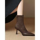 春季 高跟显瘦短靴女细跟秋冬新款 后拉炼设计感尖头弹力瘦瘦0128ed