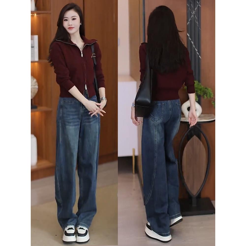 秋冬加厚绒蓝爆款牛仔裤女2025新款高腰显瘦窄版弯刀阔腿裤1209u