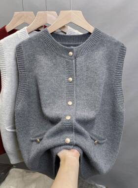 圆领灰色针织马甲背心女秋冬外搭毛衣开衫配T恤衬衫叠穿毛衣1024e