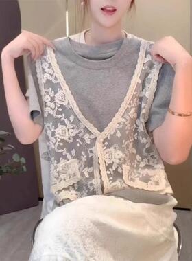 欧货爆款灰色假两件短袖蕾丝拼接正肩T恤女夏季韩系c显瘦0203r1