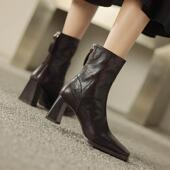 春季 手抓纹方头粗跟短靴女2026秋冬季 高跟马丁靴瘦瘦靴后拉0128ed