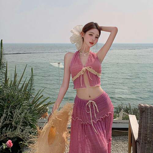 泳衣绝美甜美仙粉色欲风分体长裙沙滩度假三件套挂脖0710d