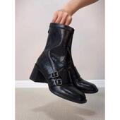 春季 高跟短靴女2026秋冬新款 气质弹力瘦瘦靴皮带扣粗跟方头0128ed