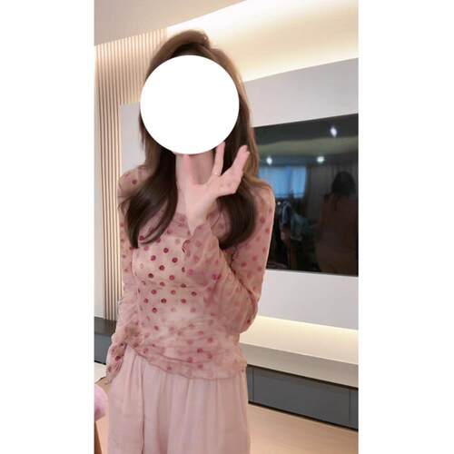 早秋粉色波点网纱长袖t恤女2026春夏新款感微透薄纱罩衫防晒0824d