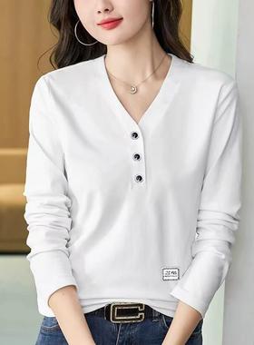 时尚白色钮扣V领长袖t恤女春秋季显瘦遮肚大码胖打底衫上衣0110h