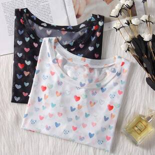 防晒衣内搭长袖t恤女罩衫薄款爱心印花冰丝网纱打底衫上衣潮0228e