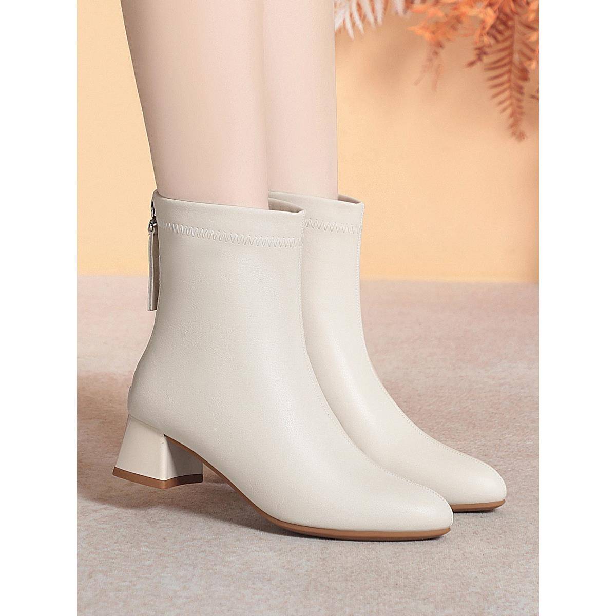 靴子女2025新款爆款白色粗跟中年妈妈鞋短靴加绒中老年1102h