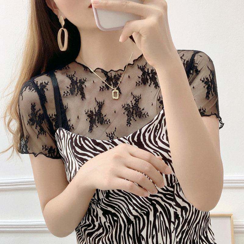 白色短款罩衫网纱打底衫女薄款吊带裙内搭t恤女蕾丝短袖上衣0228e