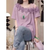 度假风斜领显瘦短袖 t恤小衫 夏季 法式 新款 绝美花瓣拼接蕾丝上0202r