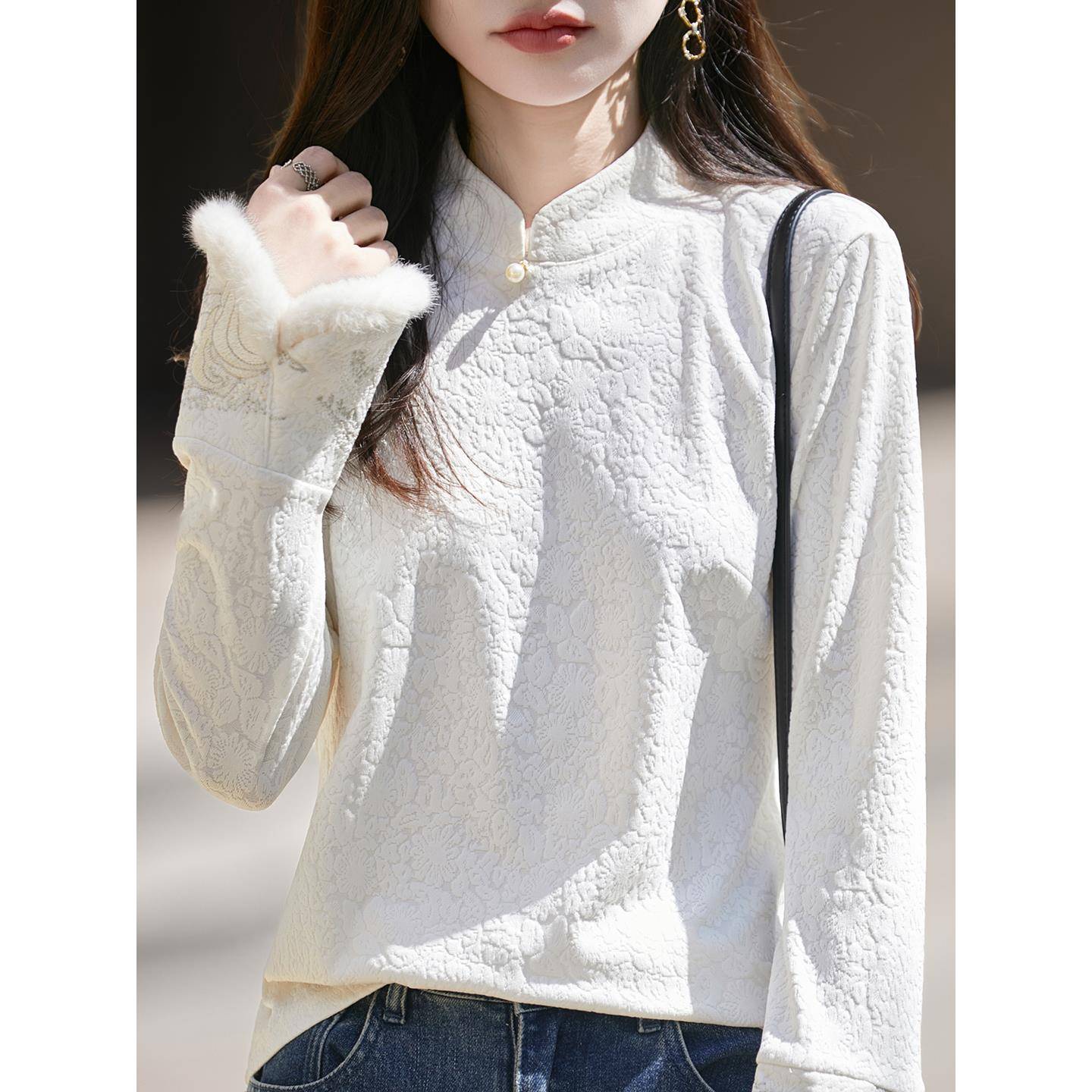 国风优雅旗袍领提花衬衣女新中式盘扣重工刺绣秋冬外穿立领1202h