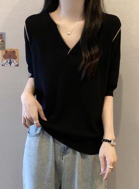 春秋正肩针织短袖T恤女2026打底衫大码微胖妹妹遮肚黑色上1230n