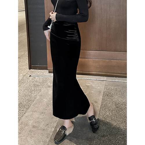 秋冬季金丝绒高腰一步裙半身裙女新款丝绒黑色覆古风半身裙0913z